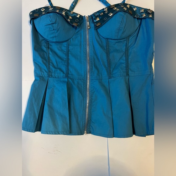 NWT Lydia Blue Bustier Corset Ribbed Peplum Jewel Embellished Top SzS - Picture 7 of 9